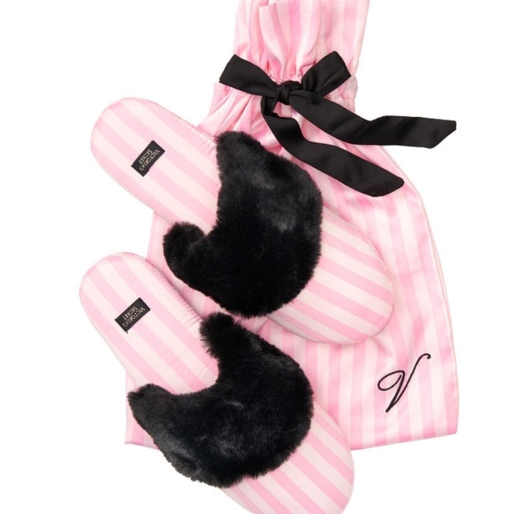 VICTORIA'S SECRET Slipper Pink Stripes w/ Bag - small